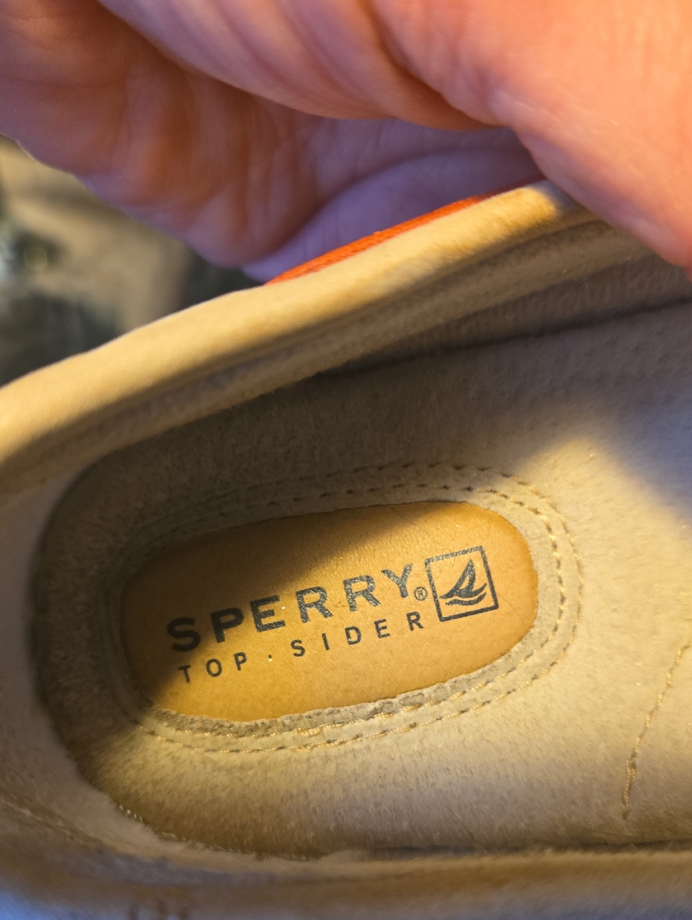 Like New - Sperry Tan Boat Shoes with Red Sequined Trim & Red Leather Laces - Picture 6 of 6